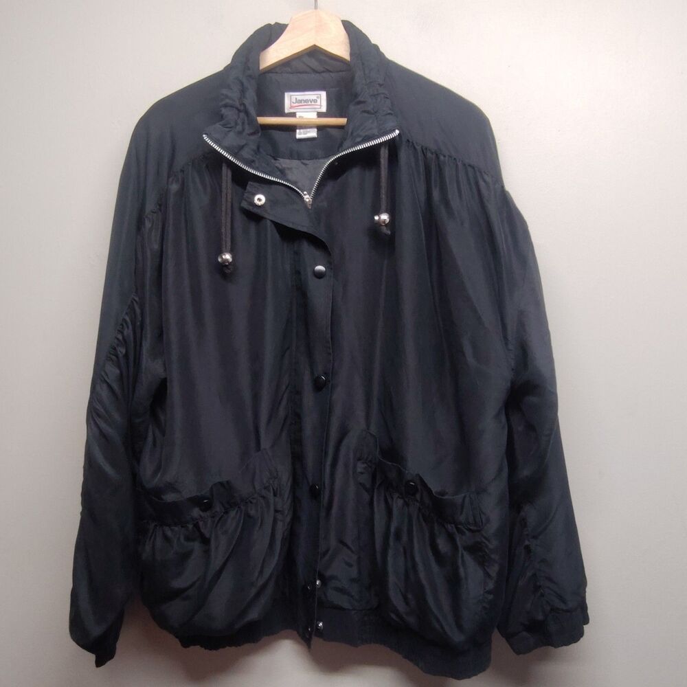 Janeve 100% Silk Jacket Women Size L Black Full Zip Lightweight Vintage Retro